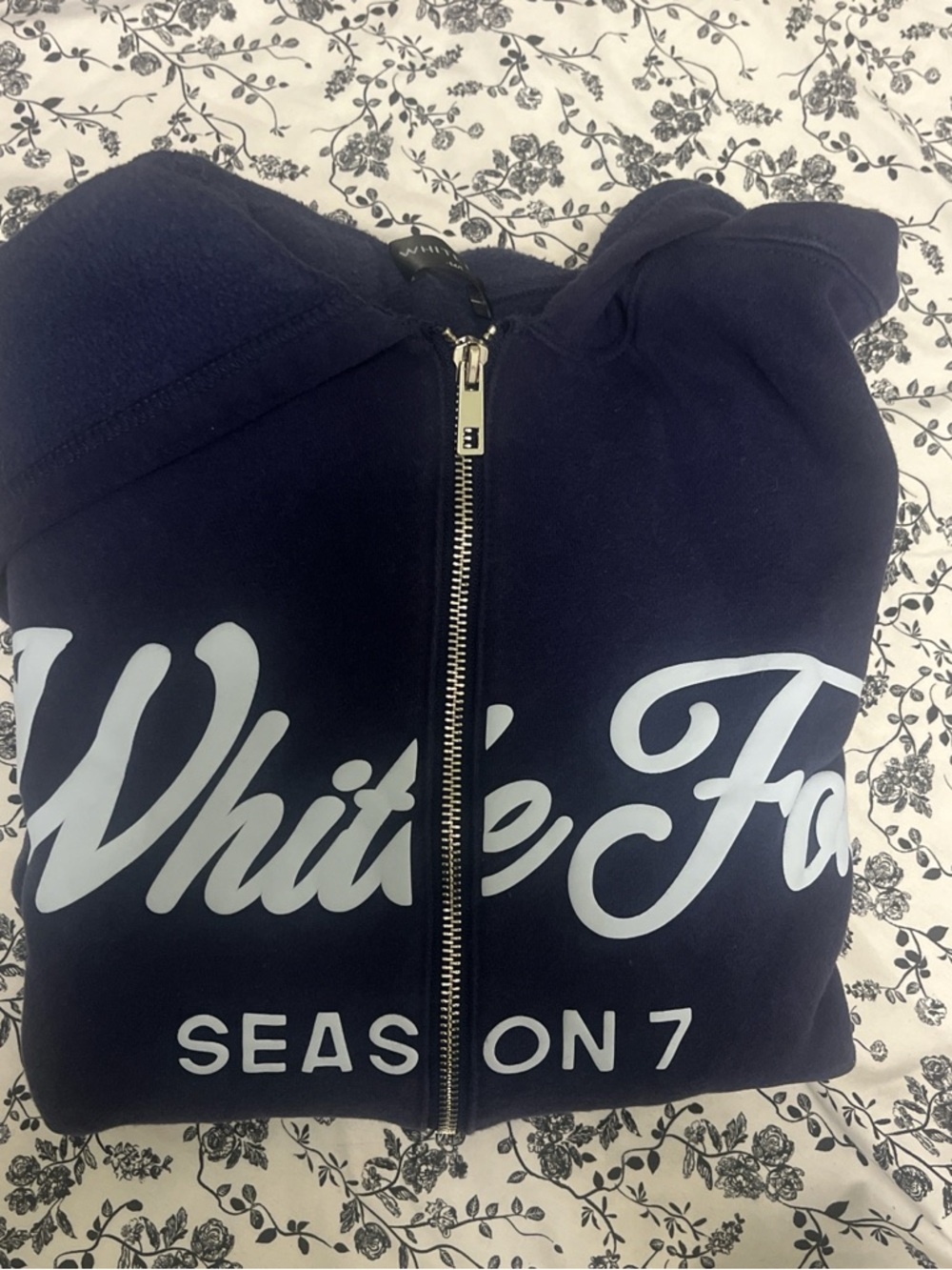 White Fox Boutique Navy Blue Zip-Up Hoodie with White Logo